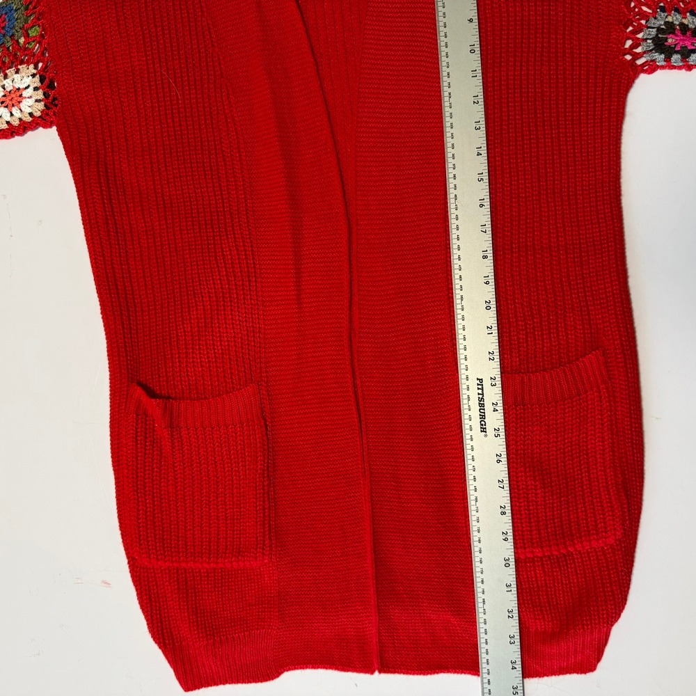 Blakeley Red Crochet Granny Square Sleeve Open Front Cardigan Sweater OS Womens - Picture 15 of 16